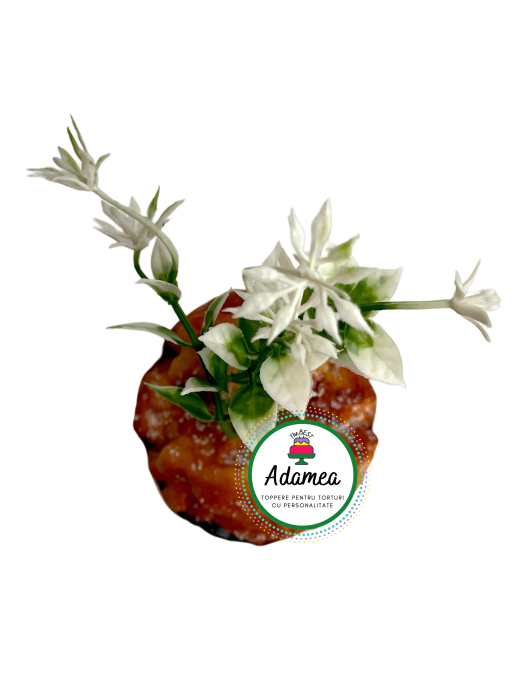 Topper de tort  personalizat cu element special din acril sub forma de planta artificial din plastic cu frunze verzi si floricele albe [2]