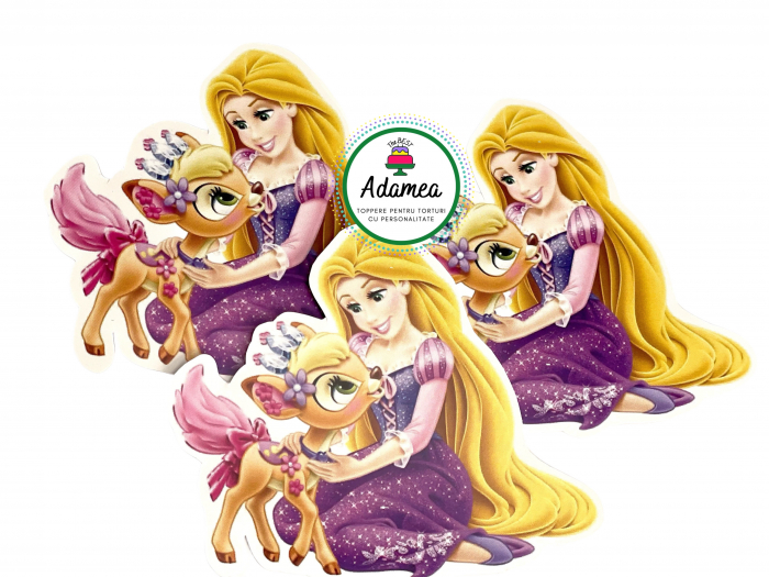 Topper de tort  personalizat cu element special din carton sub forma de  printesa Rapunzel cu caprioara [2]