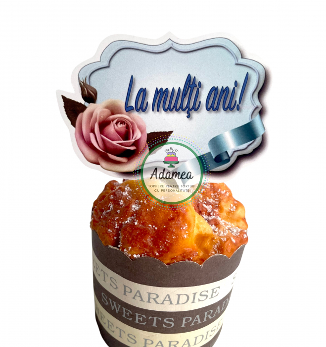 Topper de tort  personalizat cu element special din carton sub forma de placheta bleu deschis cu La multi ani si trandafir [1]