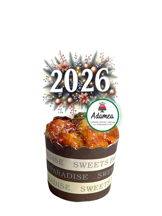 Topper de tort  personalizat cu element special din carton sub forma de placheta cu 2026 globuri si crengi de brad [1]