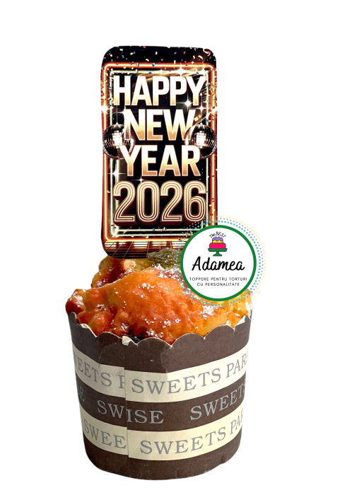 Topper de tort  personalizat cu element special din carton cu 2026 Revelion cu happy new year [1]