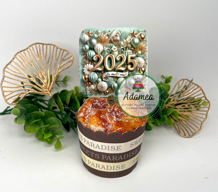 Topper de tort cu element special din carton sub forma de  banut patrat pentru Revelion 2025 lbastru tiffany si galben tip auriu [1]