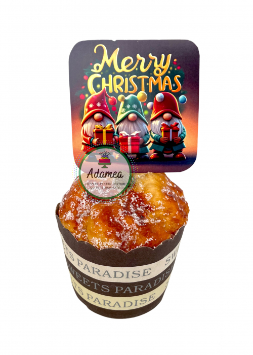 Topper de tort cu element special din carton sub forma de  banut  patrat cu trei spiridusi de Craciun cu Marry Christmas [1]