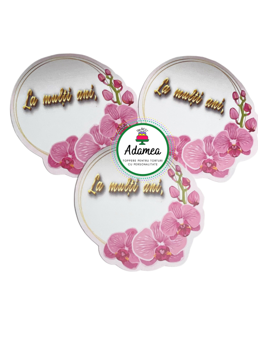 Topper de tort  personalizat cu element special din carton sub forma destegulet cu orhidee roz personalizabil. [2]