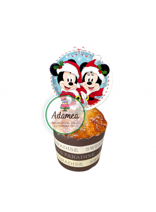 Topper de tort cu element special din carton sub forma de banut disc cu Mickey si Minnie de Craciun [1]