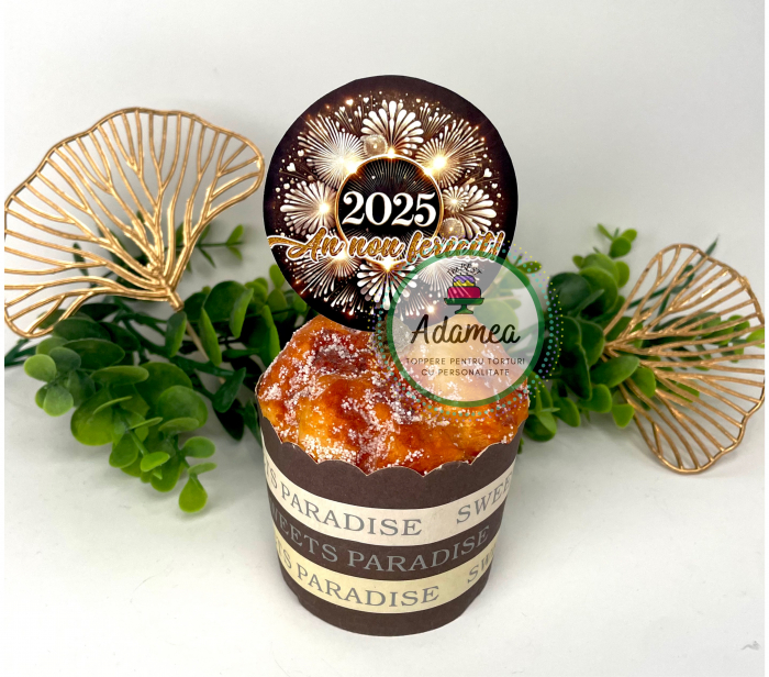 Topper de tort cu element special din carton sub forma de  banut negru cu artificii galbene tip auriu pentru Revelion 2025 [1]