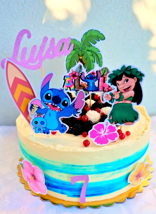 Topper de tort  personalizat cu element special din carton sub forma de  Stitch cu inghetata si jucarie verde [3]