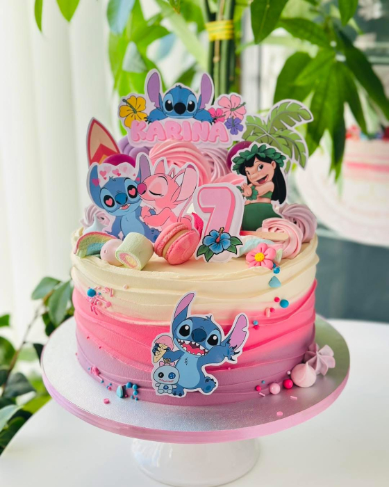 Topper de tort  personalizat cu element special din carton sub forma de  Stitch cu inghetata si jucarie verde [4]
