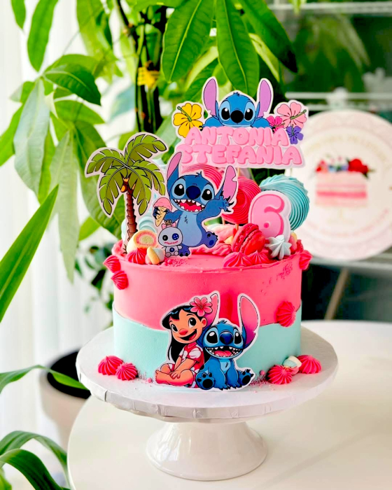 Topper de tort  personalizat cu element special din carton sub forma de  Stitch cu inghetata si jucarie verde [5]