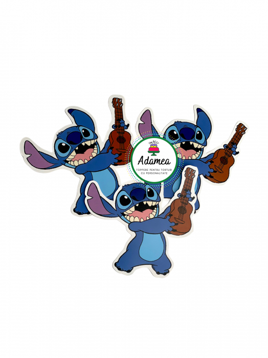 Topper de tort  personalizat cu element special din carton sub forma de  Stitch cu ukulele [1]