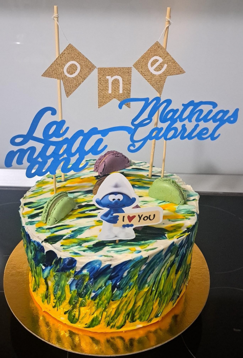Topper de tort cu element special din carton sub forma de strumf cu placuta ci I love you [2]