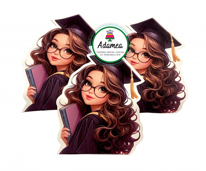 Topper de tort  personalizat cu element special din carton sub forma de  tanar absolventa cu par lung si ondulat cu ochelari si toca [1]