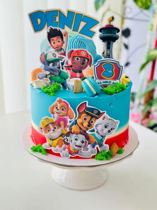 Topper de tort  personalizat cu element special din carton sub forma de  turn realist din Patrula Catelusilor [2]