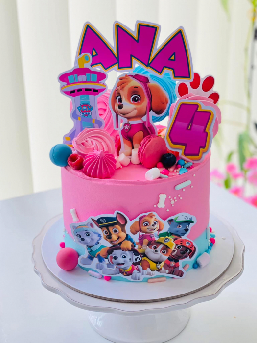 Topper de tort  personalizat cu element special din carton sub forma de  turnul din Patrula Catelusilor roz pentru fetite [2]