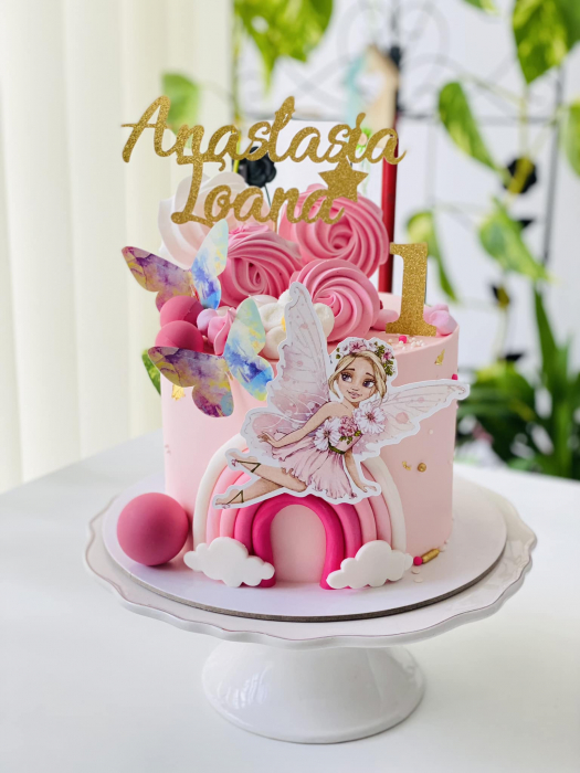 Topper de tort cu element special din carton sub forma de zana diafana roz [3]