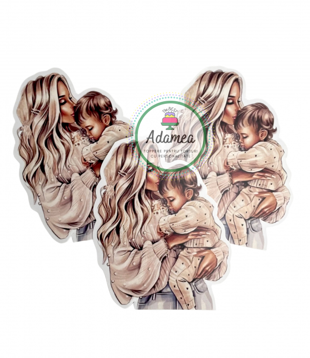 Topper de tort  personalizat cu element special din carton sub forma de  mamica blonda cu bebe fetita in brate [1]