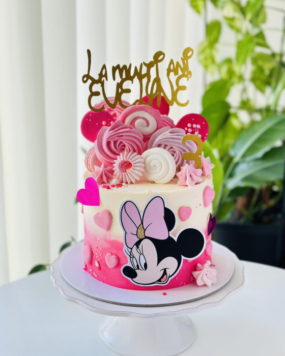 Topper de tort cu element special din carton sub forma de  cap de Minnie din profil cu fundita roz pal si auriu [2]