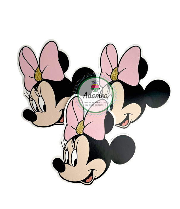 Topper de tort cu element special din carton sub forma de  cap de Minnie din profil cu fundita roz pal si auriu [3]