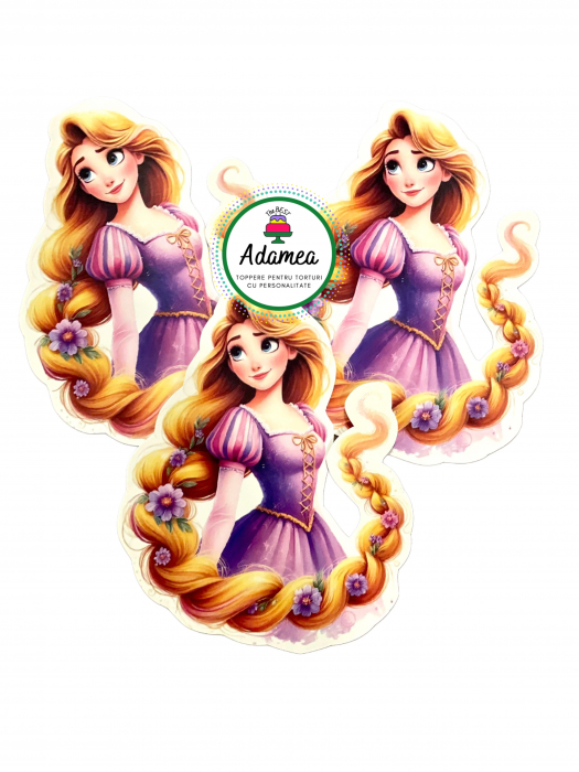 Topper de tort  personalizat cu element special din carton sub forma de  Rapunzel frontal cu flori in par [2]
