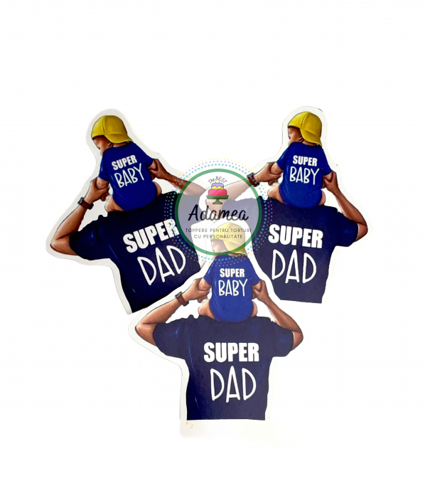 Topper de tort  personalizat cu element special din carton sub forma de  tatic super dad cu bebe baiat in carca super boy [1]