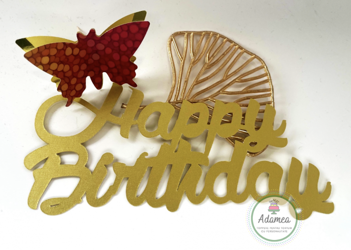 Topper de tort din carton cu Happy Birthday auriu mat [2]