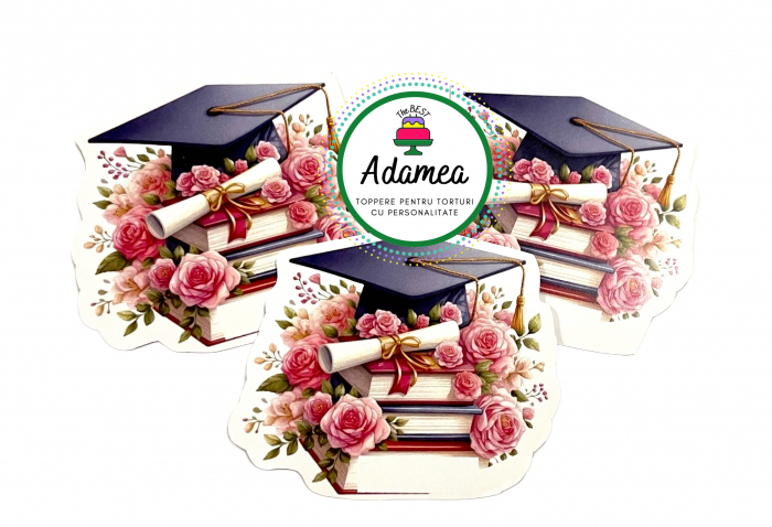 Topper de tort  personalizat cu element special din carton sub forma de  toca cu diploma pe carti si flori de trndafir roz [1]