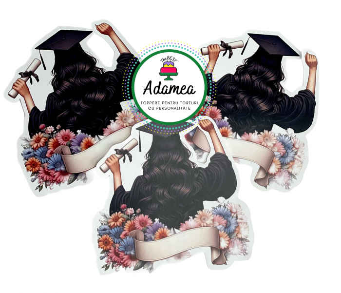 Topper de tort  personalizat cu element special din carton sub forma de  studenta cu diploma si toca si banner personalizabil cu nume clasa an cu flori [1]