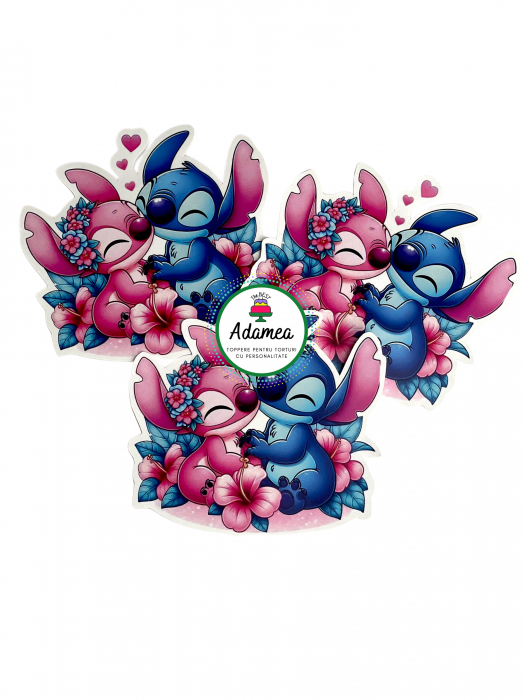 Topper de tort  personalizat cu element special din carton sub forma de  placuta cu Angel si Stitch in cadru romantic cu flori [1]