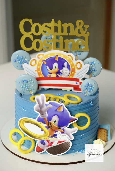 Topper tort cu decorațiune tip cartonaș cu sonic cu inel [2]