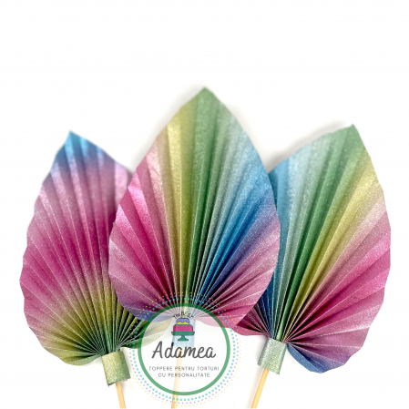 Topper de tort cu element special din carton sub forma de evantai sau frunza de palmier glitter fin curcubeu