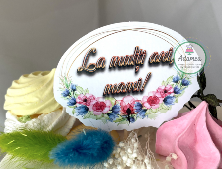 Topper tort cu stegulet din carton oval cu la multi ani mami cu flori