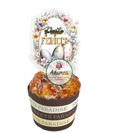 Sarbatori Pascale - Topper de tort cu element special din carton sub forma de ou cu Paste fericit si oua colorate