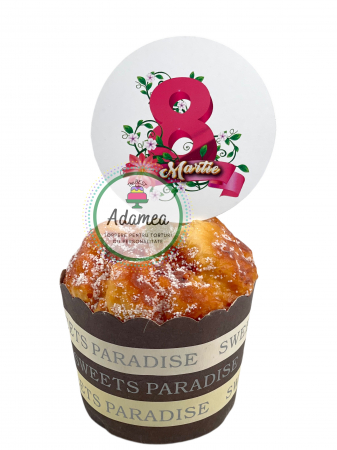 Topper de tort cu element special din carton sub forma de cerc cu 8 Martie roz, cu banner cu flori