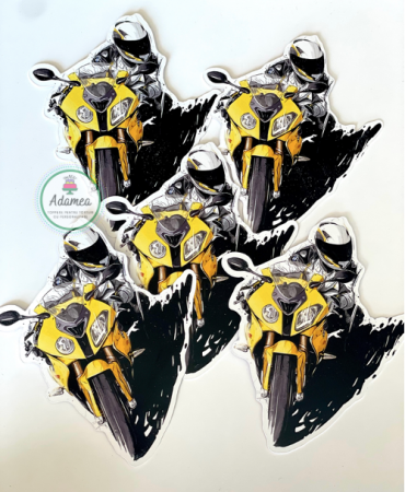 Frontal - Topper de tort cu Cartonaș sub forma de motociclist  cu motor sport galben