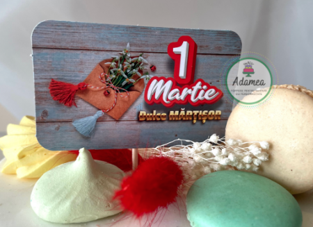 Martisor - decor de tort cu cartonas de martisor cu 1 martie si plic cu ghiocei