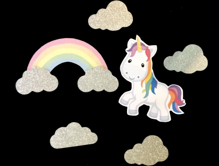 Unicorn - Topper de tort cu element special din carton sub forma de cap de unicorn cu curcubeu si nori din glitter argintiu