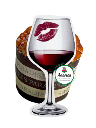 Toppere tort - Topper de tort  personalizat cu element special din carton sub forma de pahar de vin cu pupic rosu de ruj