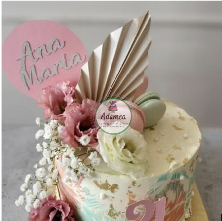 Ornament de tort cu frunza de palmier din carton crem auriu pal sitefat