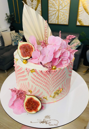 Ornament de tort cu frunza de palmier din carton crem auriu pal sitefat [4]