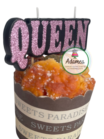 Lumanare de tort  personalizat Queen roz glitter cu negru [1]