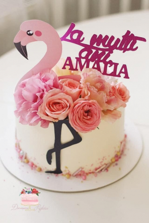Topper de tort cu flamingo roz