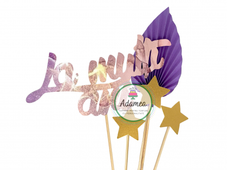 Set topper tort „La mulți ani” marmorat violet cu stele aurii și evantai mov [0]