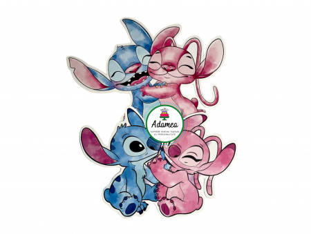 Stitch - Topper de tort  personalizat cu element special din carton sub forma de  2 ipostaze cu Stitch si angel creionate