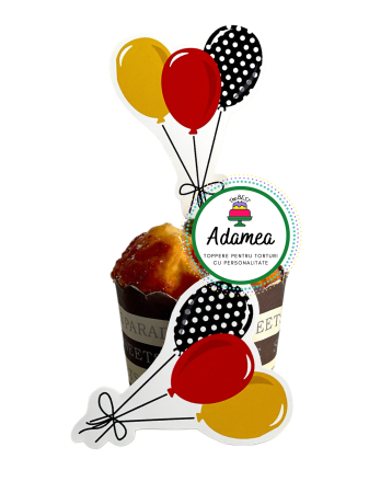 Minnie - Topper de tort  personalizat cu element special din carton  premium de inalta calitate sub forma debaloane pentru Mickey sau Minnie cu galben rosu si negru