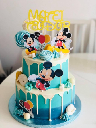 Topper de tort  personalizat cu element special din carton  premium de inalta calitate sub forma debaloane pentru Mickey sau Minnie cu galben rosu si negru [4]