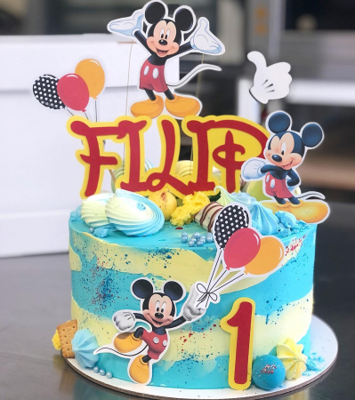 Topper de tort  personalizat cu element special din carton  premium de inalta calitate sub forma debaloane pentru Mickey sau Minnie cu galben rosu si negru [2]