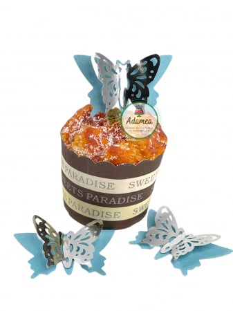 Topper de tort cu element special din carton sub forma de fluture bleu catifea cu oglinda perforat