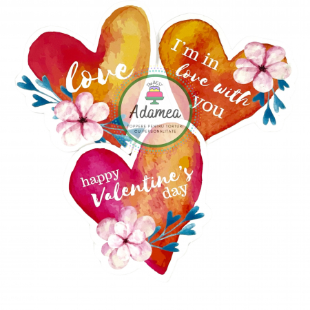Set 3 toppere din carton pentru tort sub forma de inimi watercolor pentru Sfantul Valentin