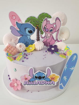 NOUTĂȚI - Topper de tort  personalizat cu element special din carton  ccu Stitch, iubita lui Angel si un palmier