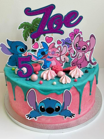 Topper de tort  personalizat cu element special din carton  ccu Stitch, iubita lui Angel si un palmier [1]